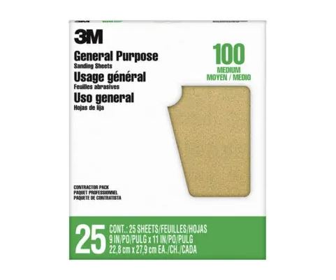 3M Aluminum Oxide Sanding Sheet 100-Grit (9″ x 11″ (25-Pack))