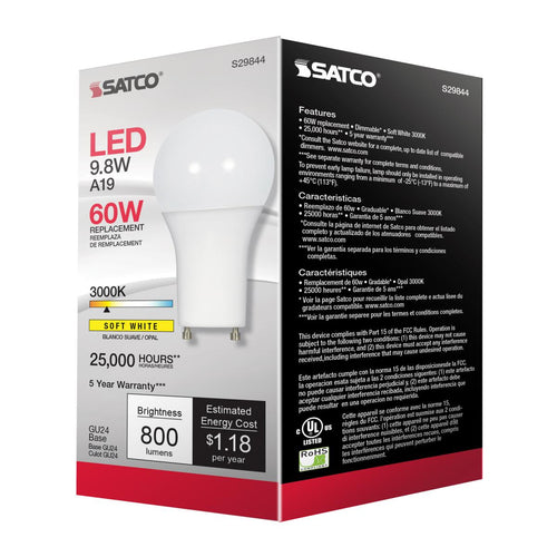 Satco Lighting S29844 Single 9.8 Watt Dimmable A19 GU24 LED Bulb
