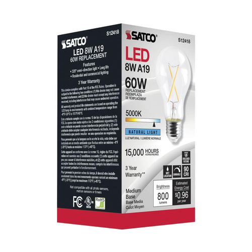 Satco Products S12418 8A19/CL/LED/E26/950/120V