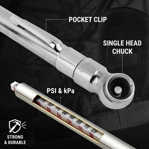 Milton® Heavy Duty Tire Pencil Gauge 2-20 PSI Single Head Air Chuck Brass Tubing Corrosion Resistant