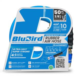 BluBird Rubber Air Hose 3/8 X 50'- 3/8 Male-NPT, 300 PSI, EPDM with Universal 5 in 1 Coupler