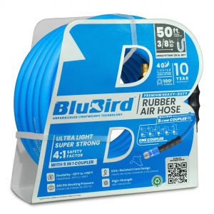 BluBird Rubber Air Hose 3/8 X 50'- 3/8 Male-NPT, 300 PSI, EPDM with Universal 5 in 1 Coupler