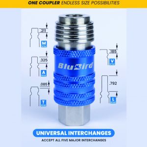 BluBird Rubber Air Hose 3/8 X 50'- 3/8 Male-NPT, 300 PSI, EPDM with Universal 5 in 1 Coupler