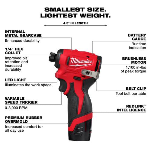 Milwaukee M12™ Subcompact Brushless 1/4 Hex Impact Driver Kit