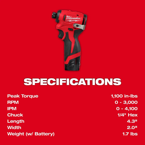 Milwaukee M12™ Subcompact Brushless 1/4 Hex Impact Driver Kit