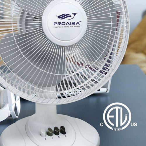 Proaira 12 Oscillating Table Fan with Adjustable Tilt, 3 Speed Control, White