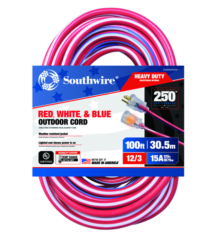 Southwire 12/3 SJTW 100' Red/White/Blue Outdoor Extension Cord With Power Light Indicator, USA 250th Anniversary Edition