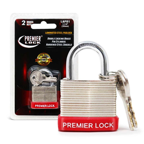 Premier Lock 1-1/4 Nickel Plated Laminated Steel Keyed Padlock with Vinyl Bumper and 2 Keys