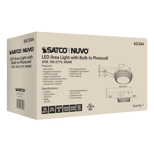 Satco 65-244 25W LED Area Light W/Photocell Black Finish