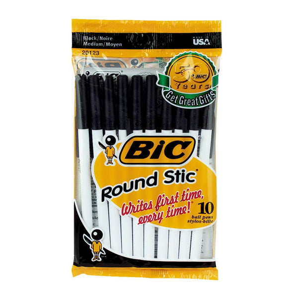 Bic Round Stic Medium Point Black Ball Pen (10-Pack)