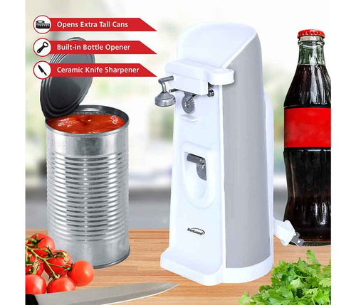 Brentwood J-30W Tall Electric Can Opener with Knife Sharpener & Bottle Opener, White